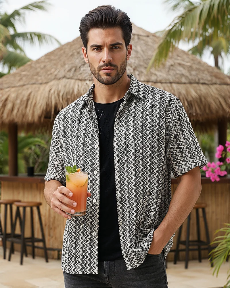 بيواكوف Men's Off White & Black Textured Oversized Shirt